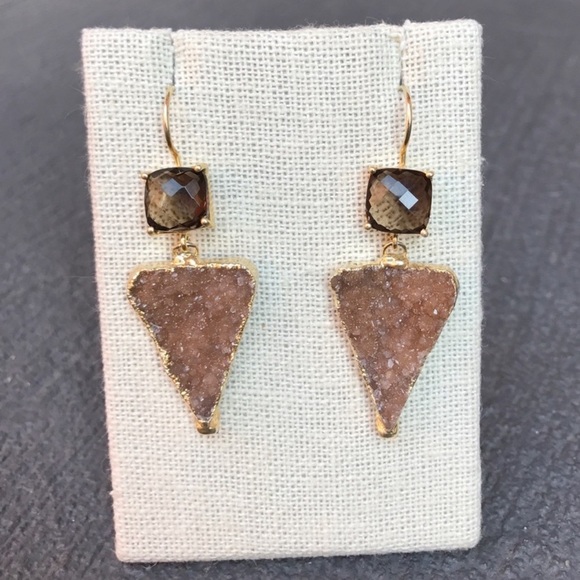 Smokey Quartz and Druzy gold plated wire back Earrings - Picture 3 of 11